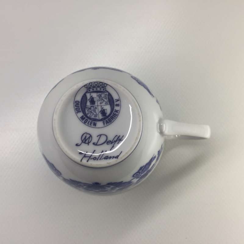 DELFTS OUDE MOLEN FABRIEK PORCELAIN COFFEE DUO     WINDMILL AND YACHTS ON CANAL PANORAMIC SCENE