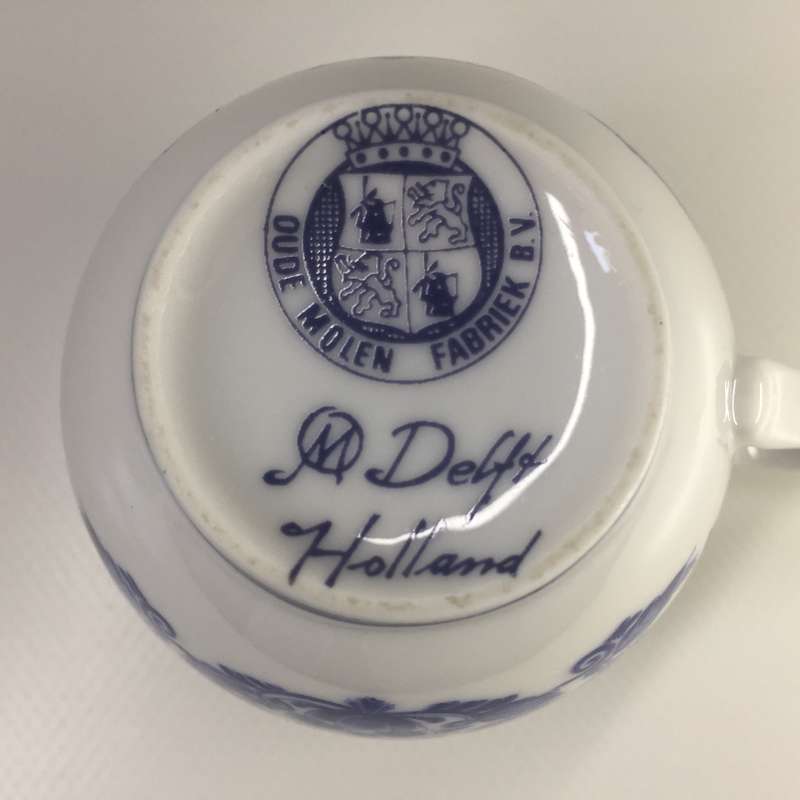 DELFTS OUDE MOLEN FABRIEK PORCELAIN COFFEE DUO     WINDMILL AND YACHTS ON CANAL PANORAMIC SCENE