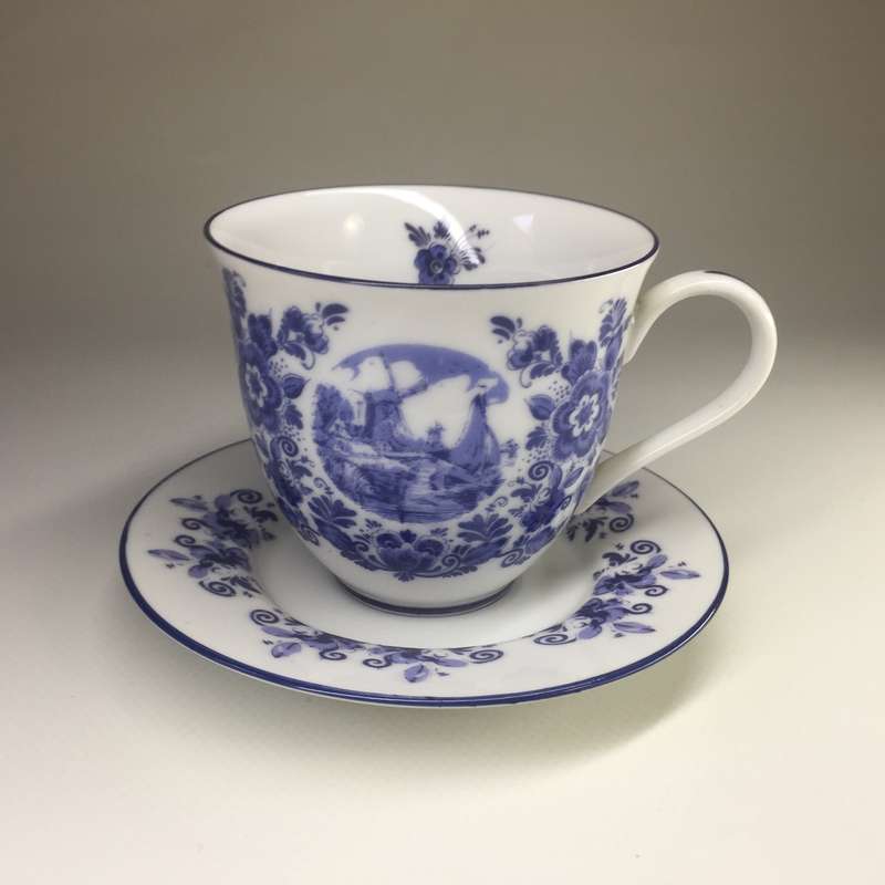 DELFTS OUDE MOLEN FABRIEK PORCELAIN COFFEE DUO     WINDMILL AND YACHTS ON CANAL PANORAMIC SCENE