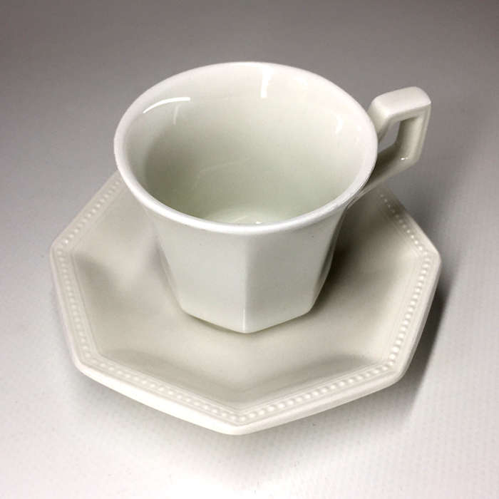 JOHNSON BROS. WHITE , OCTAGONAL SHAPE DESIGN , IRONSTONE , DEMITASSE /  ESPRESSO DUOS  six available