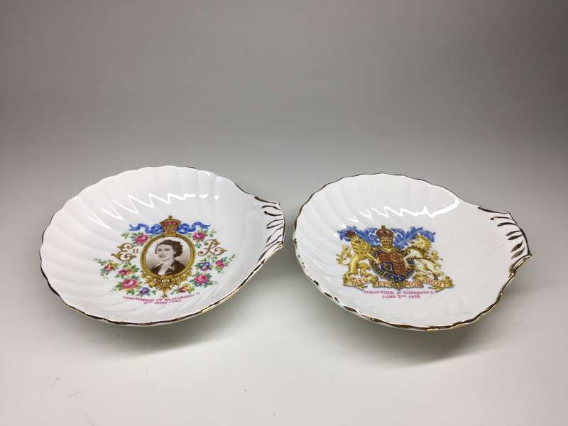 ROYAL STANDARD SET OF TWO TAB HANDLED, SCALLOPED ,TRINKET DISHES ' CORONATION OF QUEEN ELIZABETH II