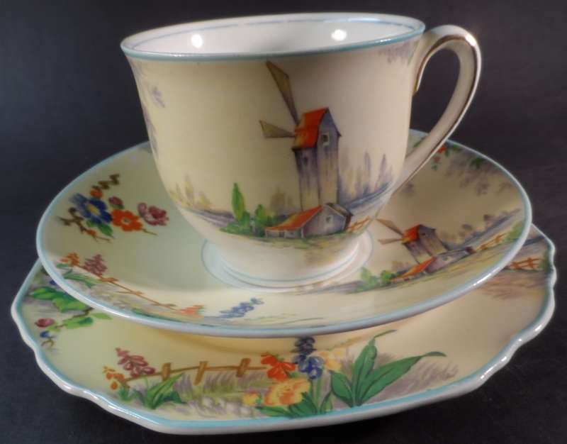 GRINDLEY TUNSTALL PORCELAIN TEA / COFFEE TRIOS  ' THE OLD MILL '