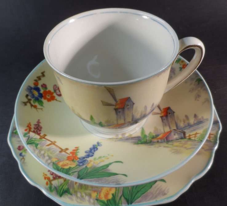 GRINDLEY TUNSTALL PORCELAIN TEA / COFFEE TRIOS  ' THE OLD MILL '