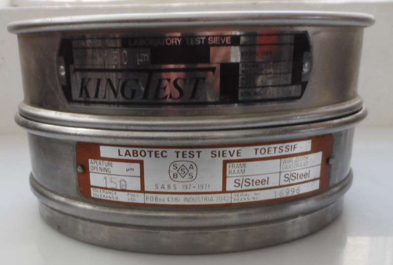 PAIR OF  STAINLESS STEEL  , FLOUR MILL , LABORATORY TEST SIEVES 1 X LABOTEC , 1 X KINGTEST  , 150um