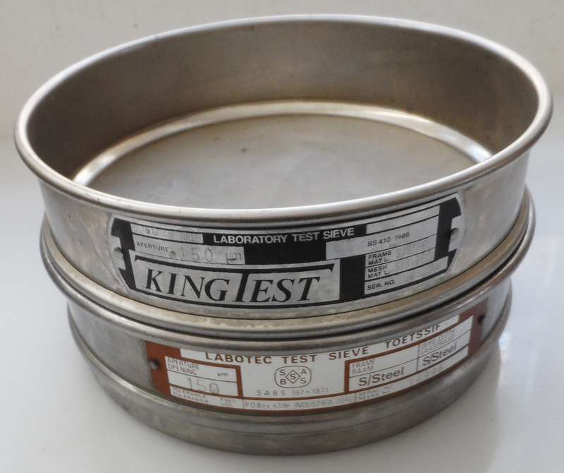 PAIR OF  STAINLESS STEEL  , FLOUR MILL , LABORATORY TEST SIEVES 1 X LABOTEC , 1 X KINGTEST  , 150um
