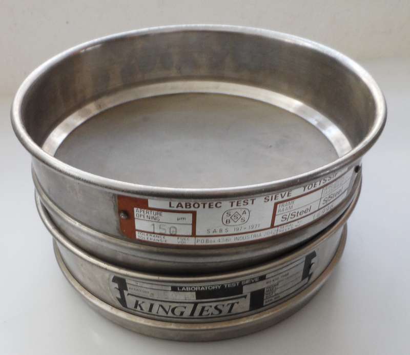 PAIR OF  STAINLESS STEEL  , FLOUR MILL , LABORATORY TEST SIEVES 1 X LABOTEC , 1 X KINGTEST  , 150um