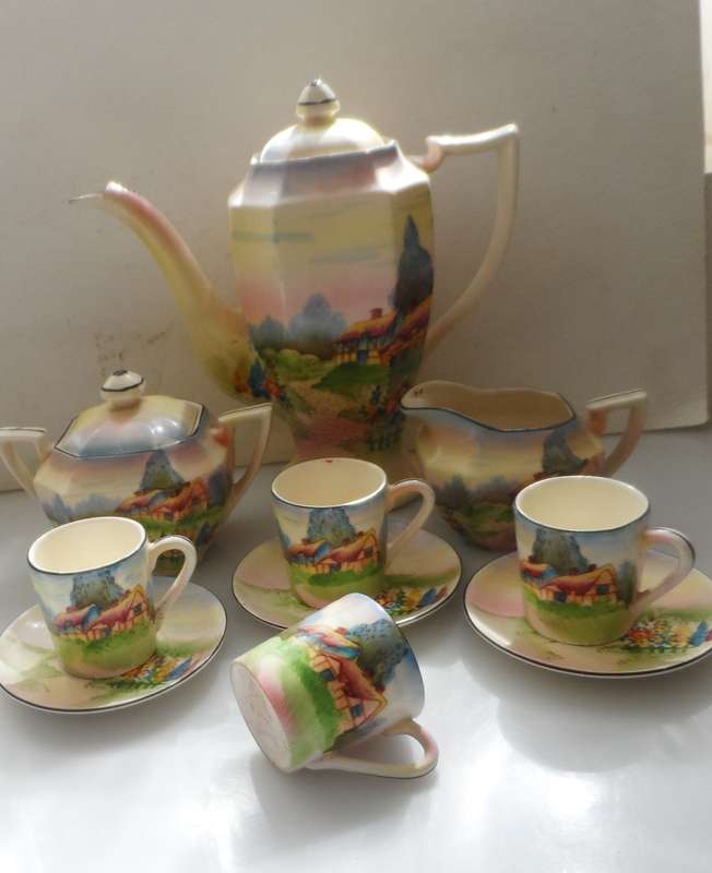 TUDOR VINTAGE ENGLISH TRANSLUCENT CHINA COFFEE ,POT, CREAMER, SUGAR BOWL , 3 DEMITASSE DUOS