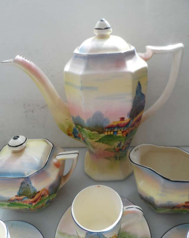 TUDOR VINTAGE ENGLISH TRANSLUCENT CHINA COFFEE ,POT, CREAMER, SUGAR BOWL , 3 DEMITASSE DUOS