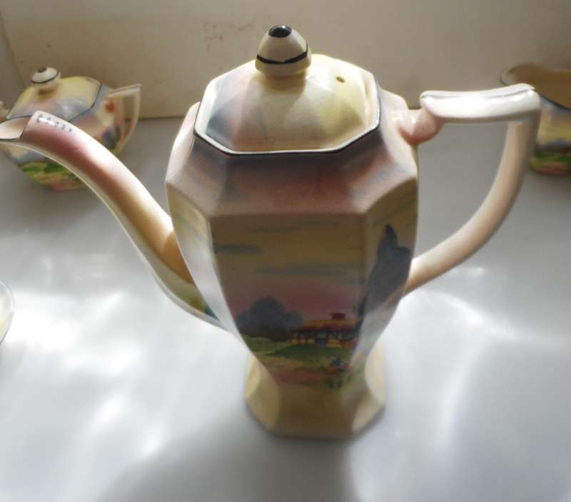 TUDOR VINTAGE ENGLISH TRANSLUCENT CHINA COFFEE ,POT, CREAMER, SUGAR BOWL , 3 DEMITASSE DUOS