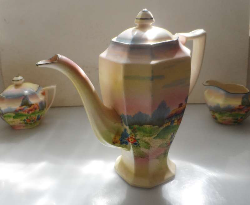 TUDOR VINTAGE ENGLISH TRANSLUCENT CHINA COFFEE ,POT, CREAMER, SUGAR BOWL , 3 DEMITASSE DUOS