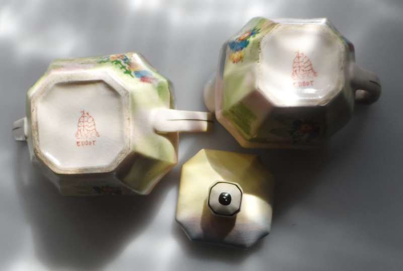 TUDOR VINTAGE ENGLISH TRANSLUCENT CHINA COFFEE ,POT, CREAMER, SUGAR BOWL , 3 DEMITASSE DUOS