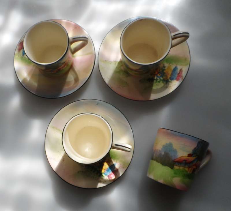 TUDOR VINTAGE ENGLISH TRANSLUCENT CHINA COFFEE ,POT, CREAMER, SUGAR BOWL , 3 DEMITASSE DUOS