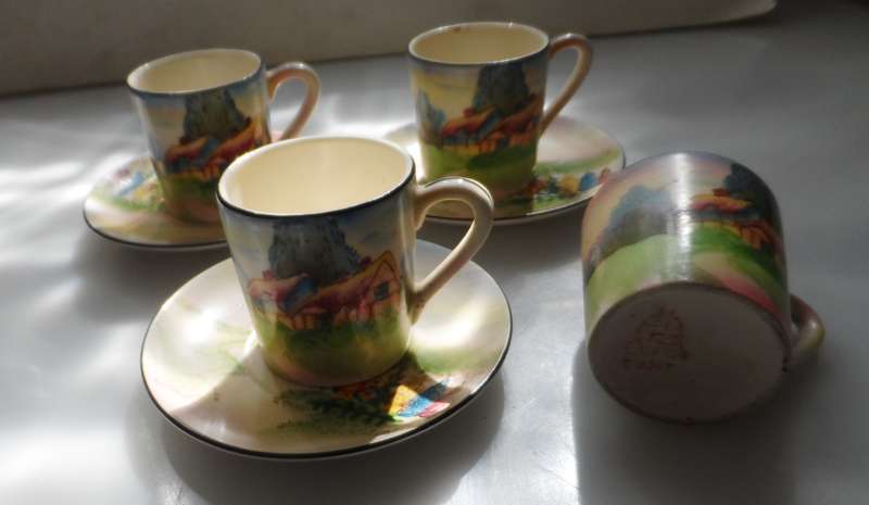 TUDOR VINTAGE ENGLISH TRANSLUCENT CHINA COFFEE ,POT, CREAMER, SUGAR BOWL , 3 DEMITASSE DUOS