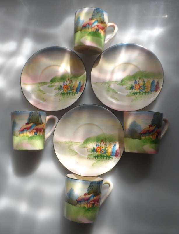 TUDOR VINTAGE ENGLISH TRANSLUCENT CHINA COFFEE ,POT, CREAMER, SUGAR BOWL , 3 DEMITASSE DUOS