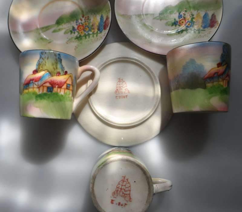 TUDOR VINTAGE ENGLISH TRANSLUCENT CHINA COFFEE ,POT, CREAMER, SUGAR BOWL , 3 DEMITASSE DUOS
