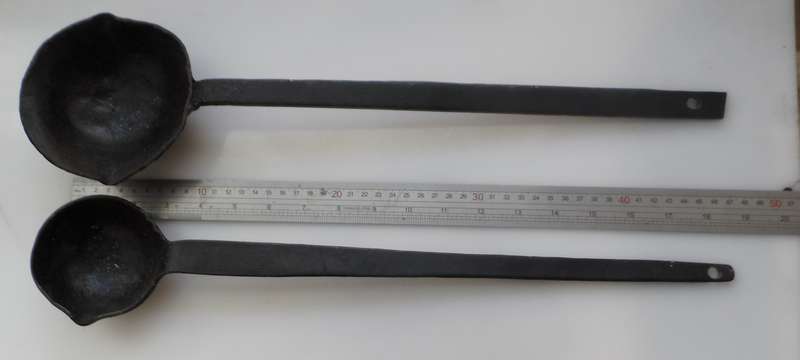 SOLID CAST IRON ,2 x LADLES ,VINTAGE CAST , for smelting, wax , lead pouring, blacksmithing