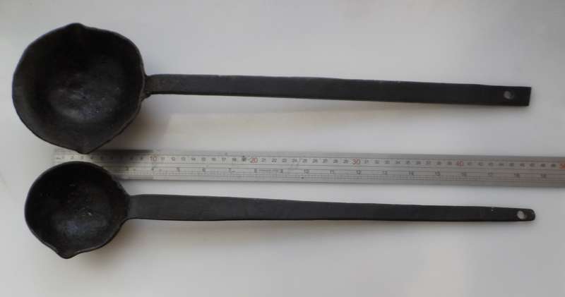 SOLID CAST IRON ,2 x LADLES ,VINTAGE CAST , for smelting, wax , lead pouring, blacksmithing