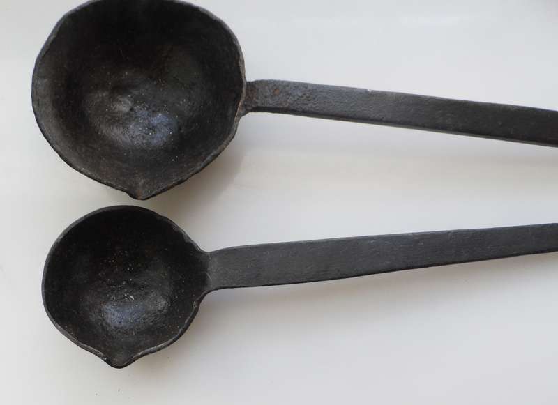 SOLID CAST IRON ,2 x LADLES ,VINTAGE CAST , for smelting, wax , lead pouring, blacksmithing