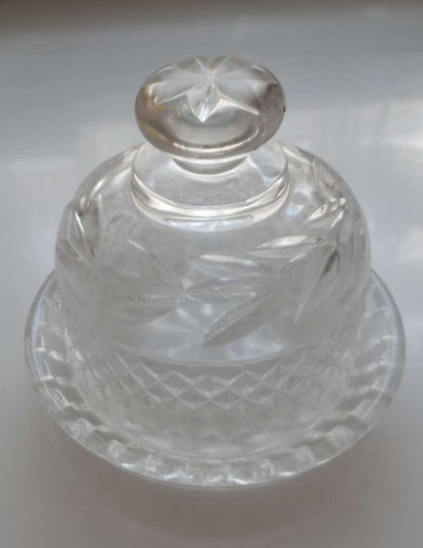 CUT GLASS CRYSTAL LIDDED , BUTTER DISH , with iced water, well rim