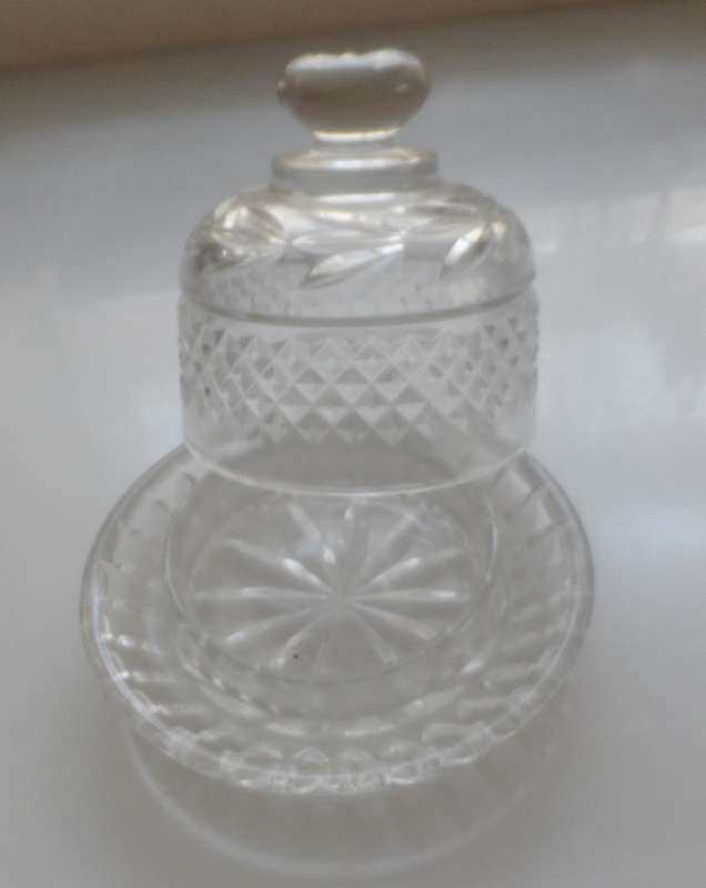 CUT GLASS CRYSTAL LIDDED , BUTTER DISH , with iced water, well rim