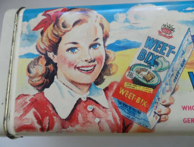 VINTAGE COLLECTIBLE BOKOMO, WEET-BIX ,  LIDDED STORAGE TIN