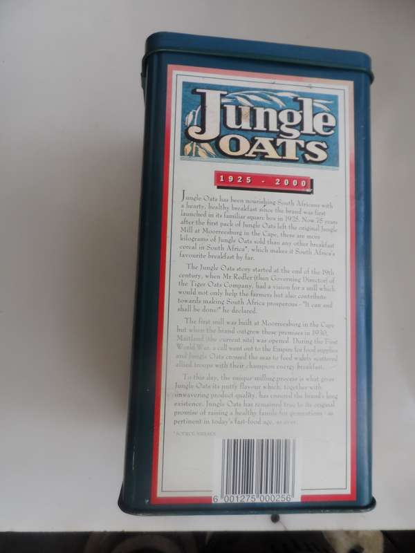 VINTAGE COLLECTIBLE , JUNGLE OATS,  LIDDED STORAGE TIN