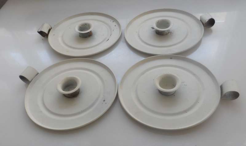CANDLE STICK HOLDERS - VINTAGE SET OF FOUR , PRESSED TIN  , WHITE