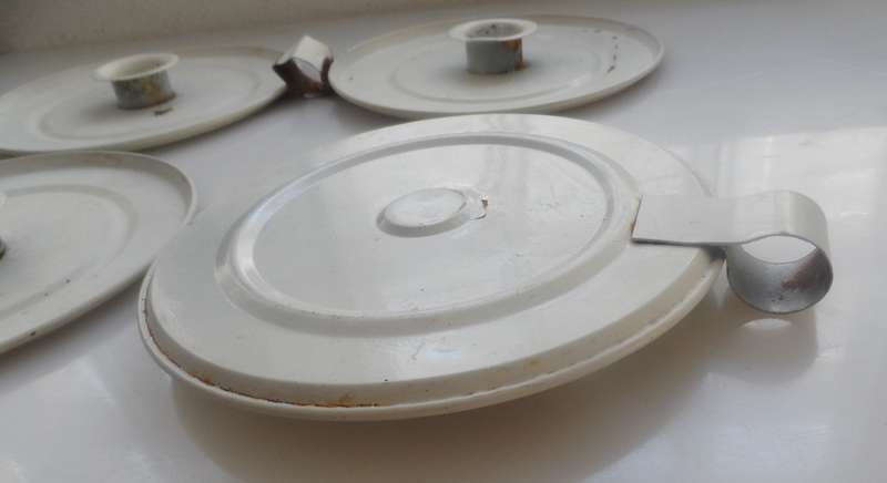CANDLE STICK HOLDERS - VINTAGE SET OF FOUR , PRESSED TIN  , WHITE