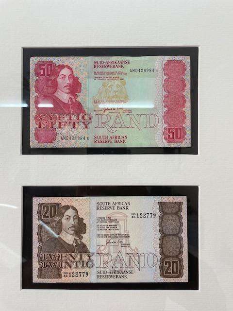 Framed set of uncirculated GPC De Kock bank notes