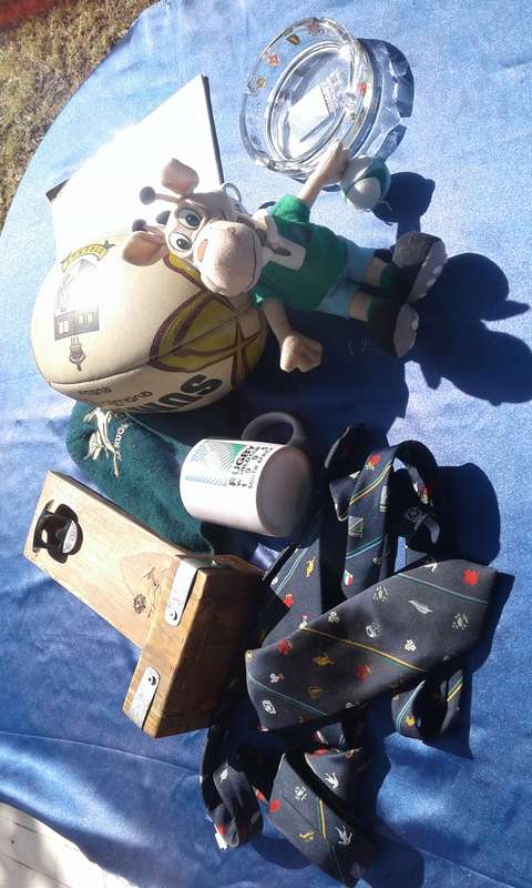Rugby joblot.  1995 mascot, ties and ashtray.  Rugby ball, 320mm long, needs to be pumped.