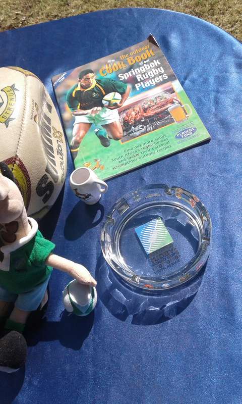 Rugby joblot.  1995 mascot, ties and ashtray.  Rugby ball, 320mm long, needs to be pumped.
