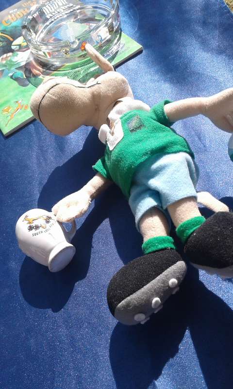 Rugby joblot.  1995 mascot, ties and ashtray.  Rugby ball, 320mm long, needs to be pumped.