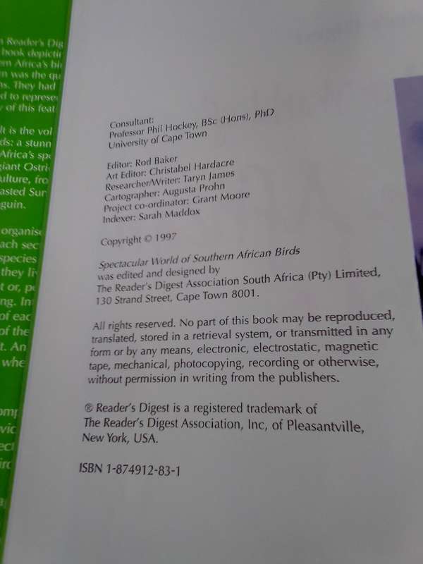 "Southern African Birds"  Reader's Digest Spectacular World of  Hard cover.
