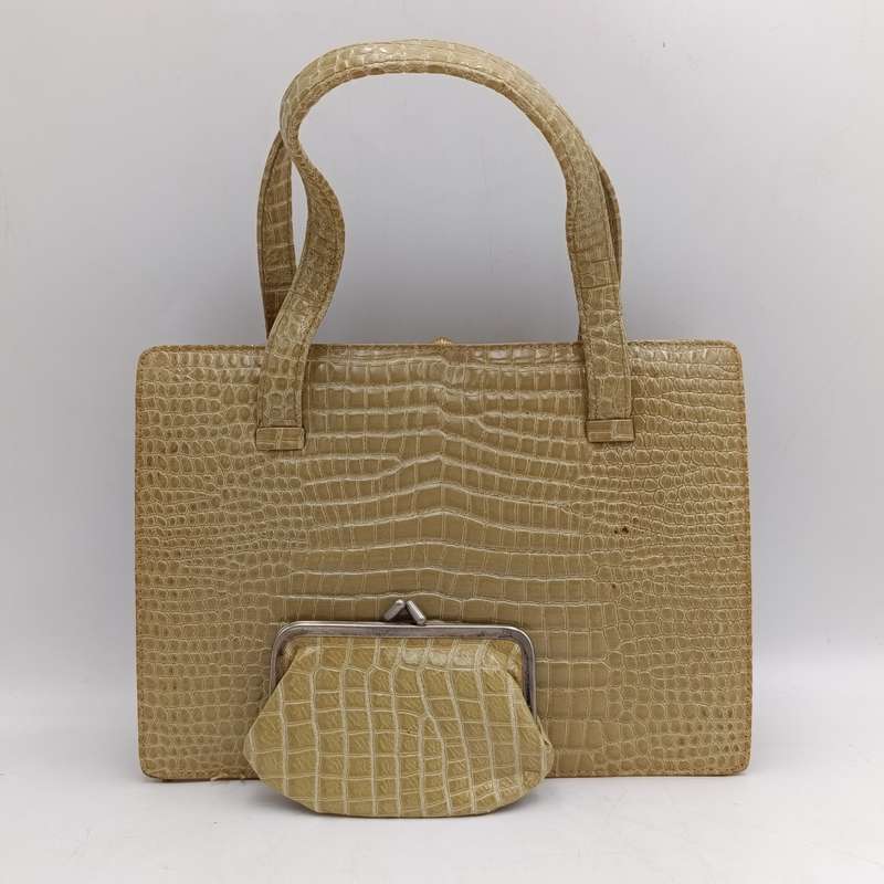 Vintage genuine leather dark beige handbag with purse some marks on the inside bat leather