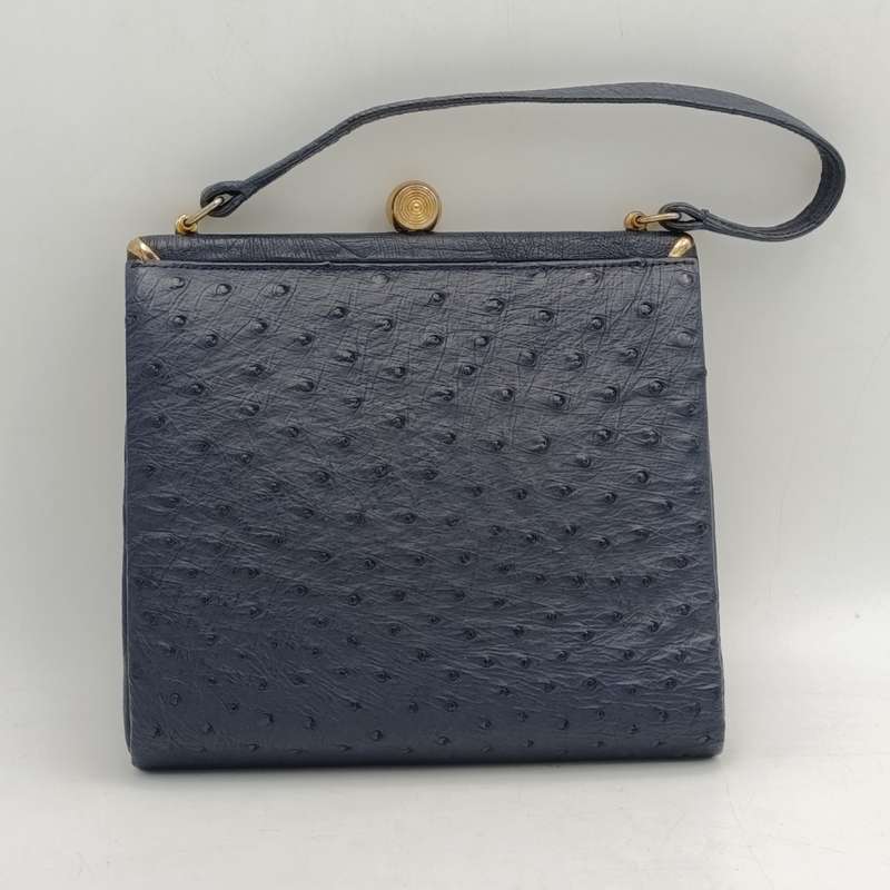 CorBeau Curio vintage navy blue ostrich handbag, unopened mirror with purse