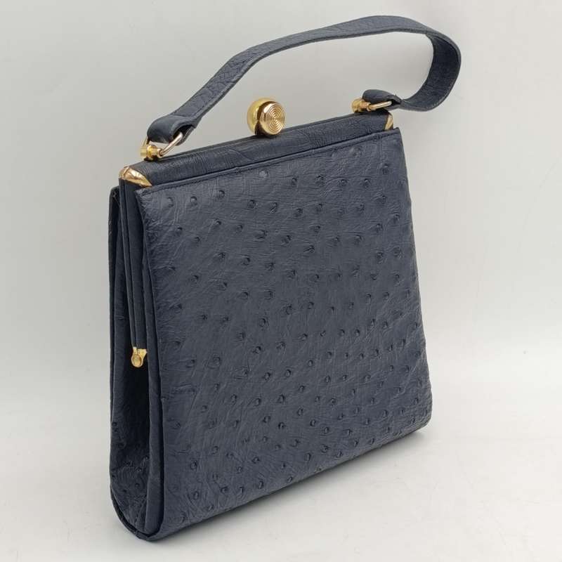CorBeau Curio vintage navy blue ostrich handbag, unopened mirror with purse