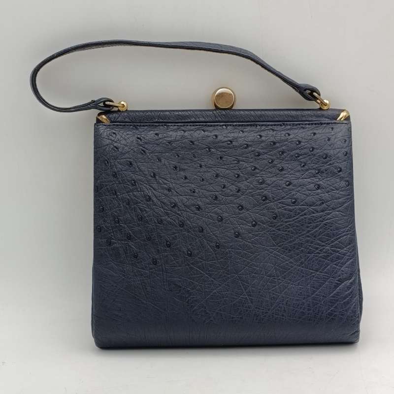 CorBeau Curio vintage navy blue ostrich handbag, unopened mirror with purse