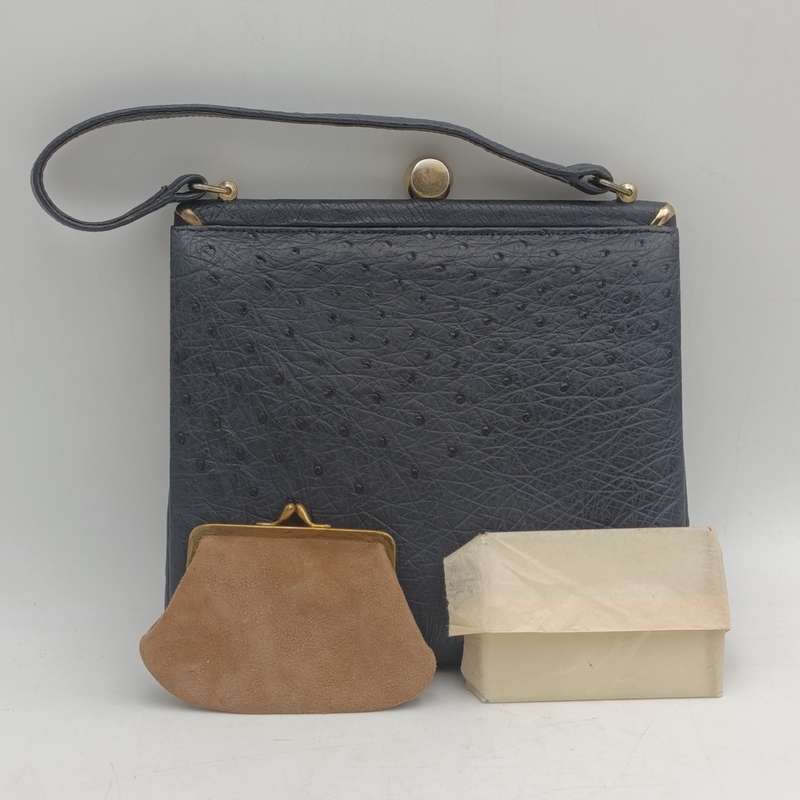 CorBeau Curio vintage navy blue ostrich handbag, unopened mirror with purse
