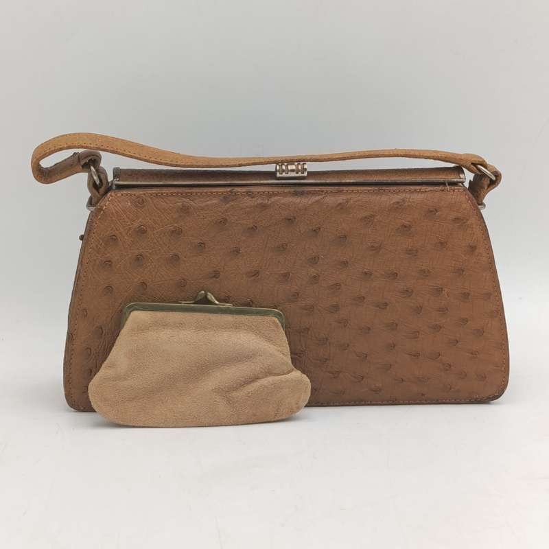 Carbeau ostrich leather handbag with purse good condition, some marks underneath colour tan