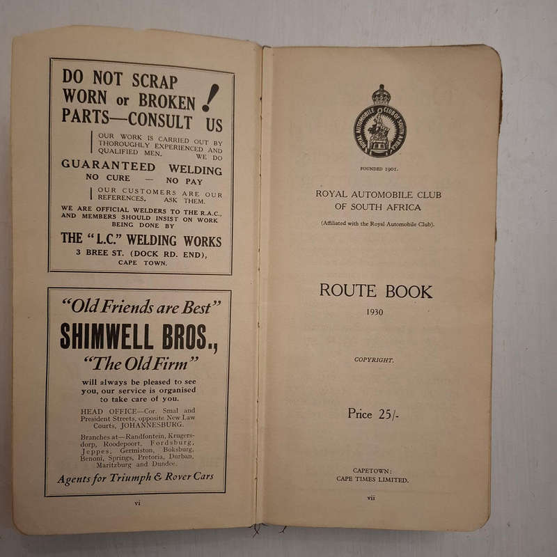 Royal Automobile Club Of South Africa Route Book 1930