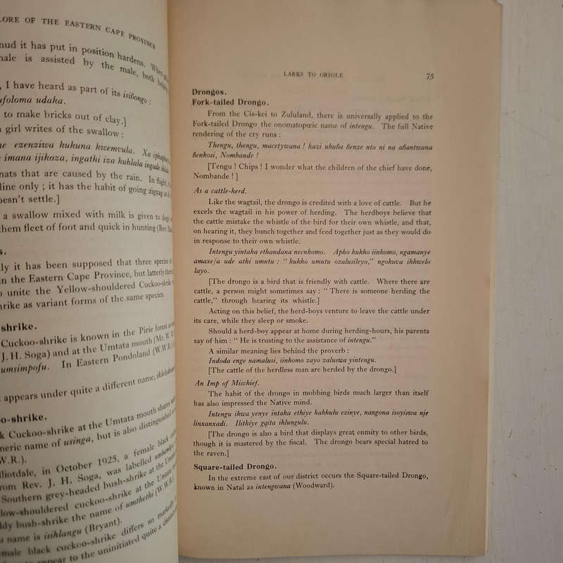 Bird-Lore of the Eastern Cape Province (Rev. Robert Godfrey) Bantu Studies, Monograph Series, No. 2