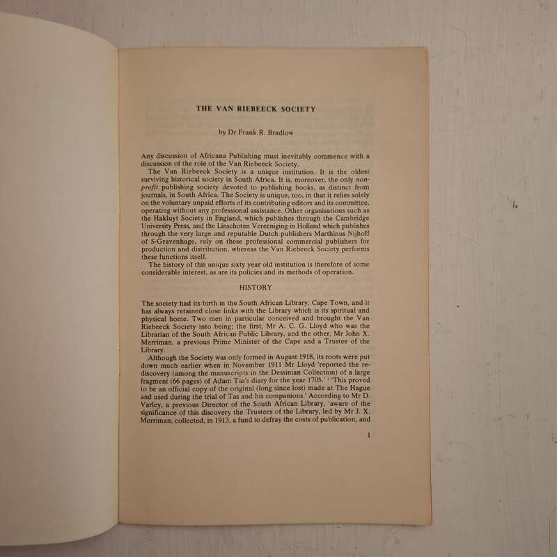 The Van Riebeeck Society 1918-1978 By Frank R. Bradlow