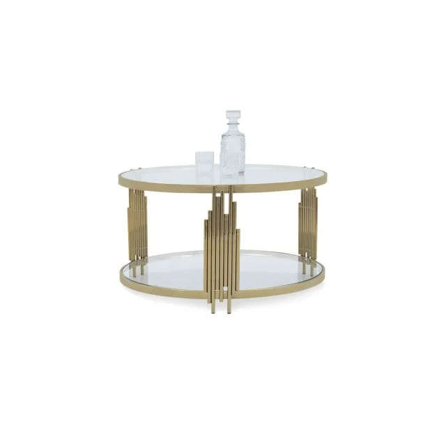 Round Gold Glass Top Coffee Table with Pipe Design Tubular Base