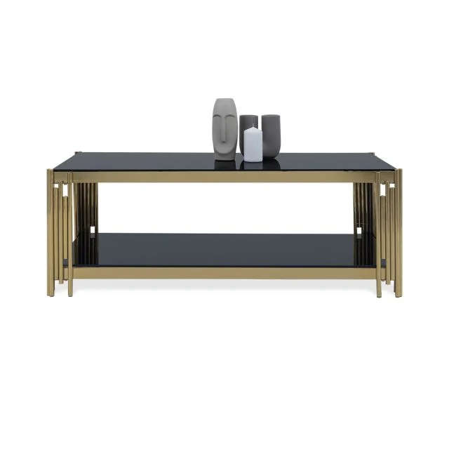 Gold Glass Top Coffee Table with Pipe Design Tubular Base