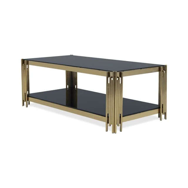 Gold Glass Top Coffee Table with Pipe Design Tubular Base