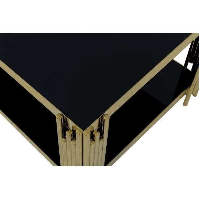Gold Glass Top Coffee Table with Pipe Design Tubular Base