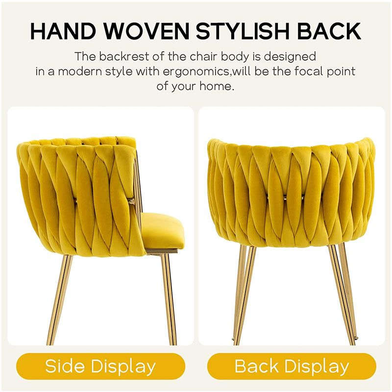 Modern Velvet Dining Room Chair with Woven Back and Gold Metal Legs - Yellow