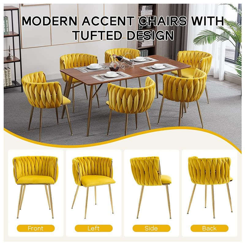 Modern Velvet Dining Room Chair with Woven Back and Gold Metal Legs - Yellow