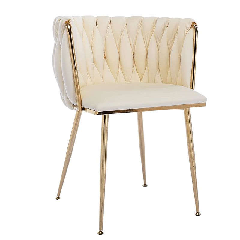 Velvet Dining Room Chair with Woven Back and Gold Metal Legs - White