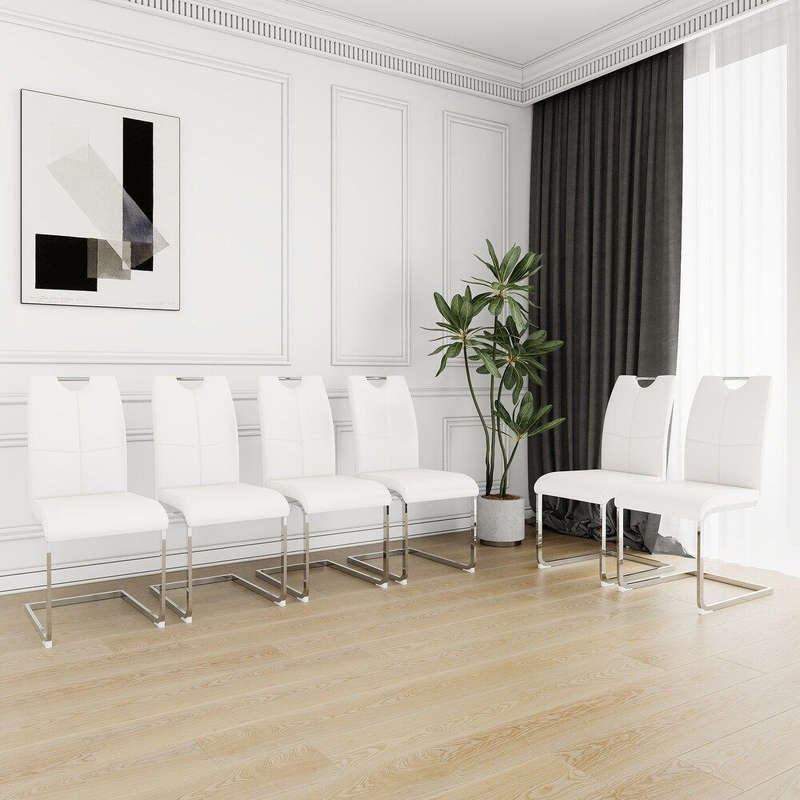Faux Leather with Silver Metal Legs Dining Chairs - 6 Pack - White